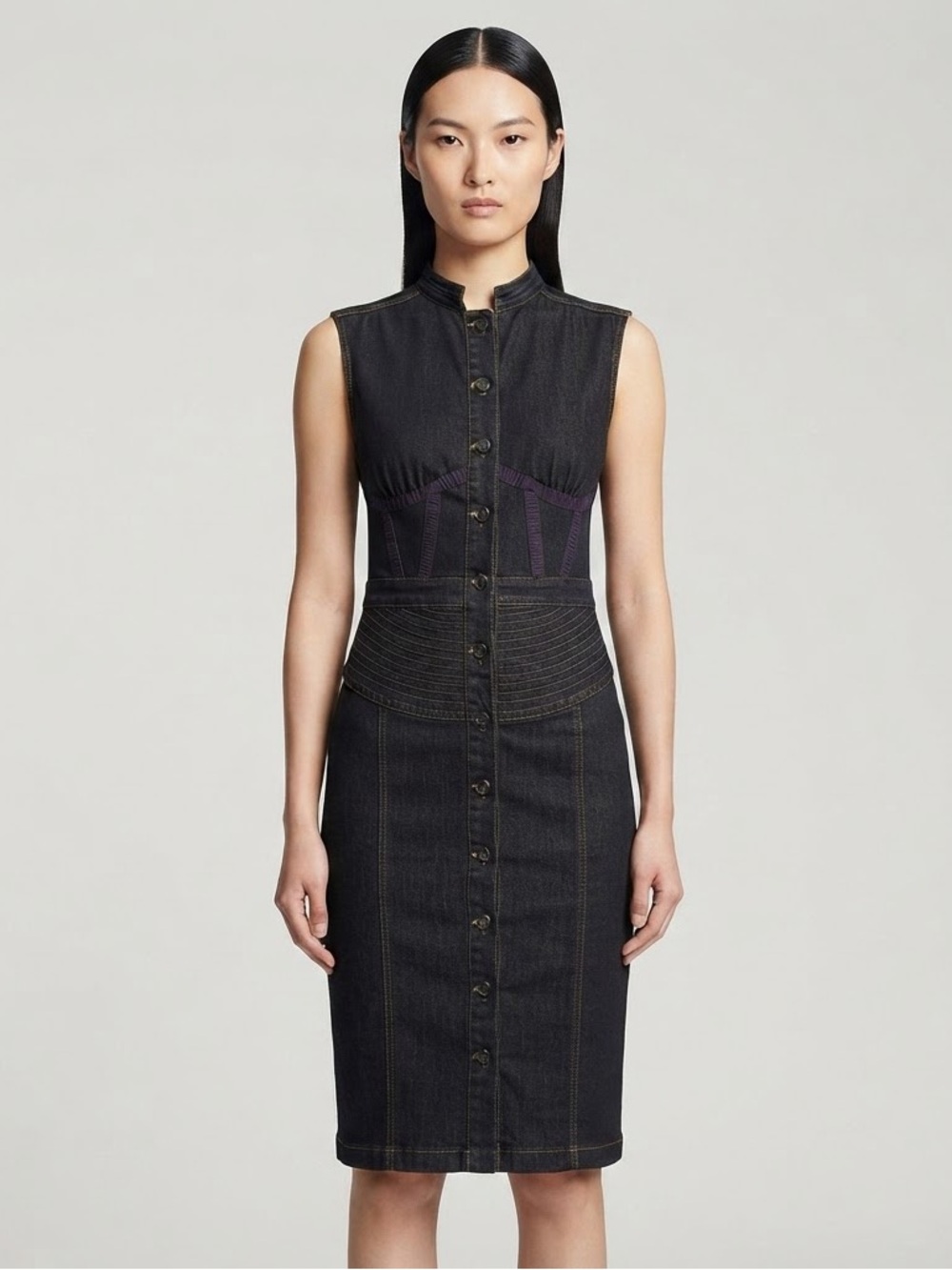 Sportmax Code Black Corset Waist Button Front Sleeveless Midi Denim Dress Size 4